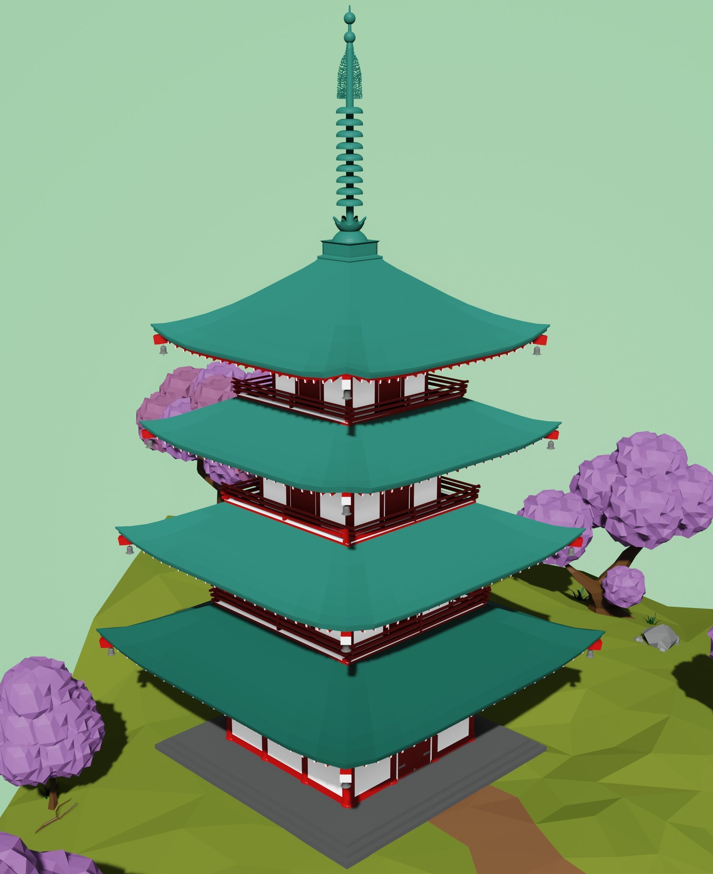 Japanese pagoda and a torii  Low-poly 3D model_6