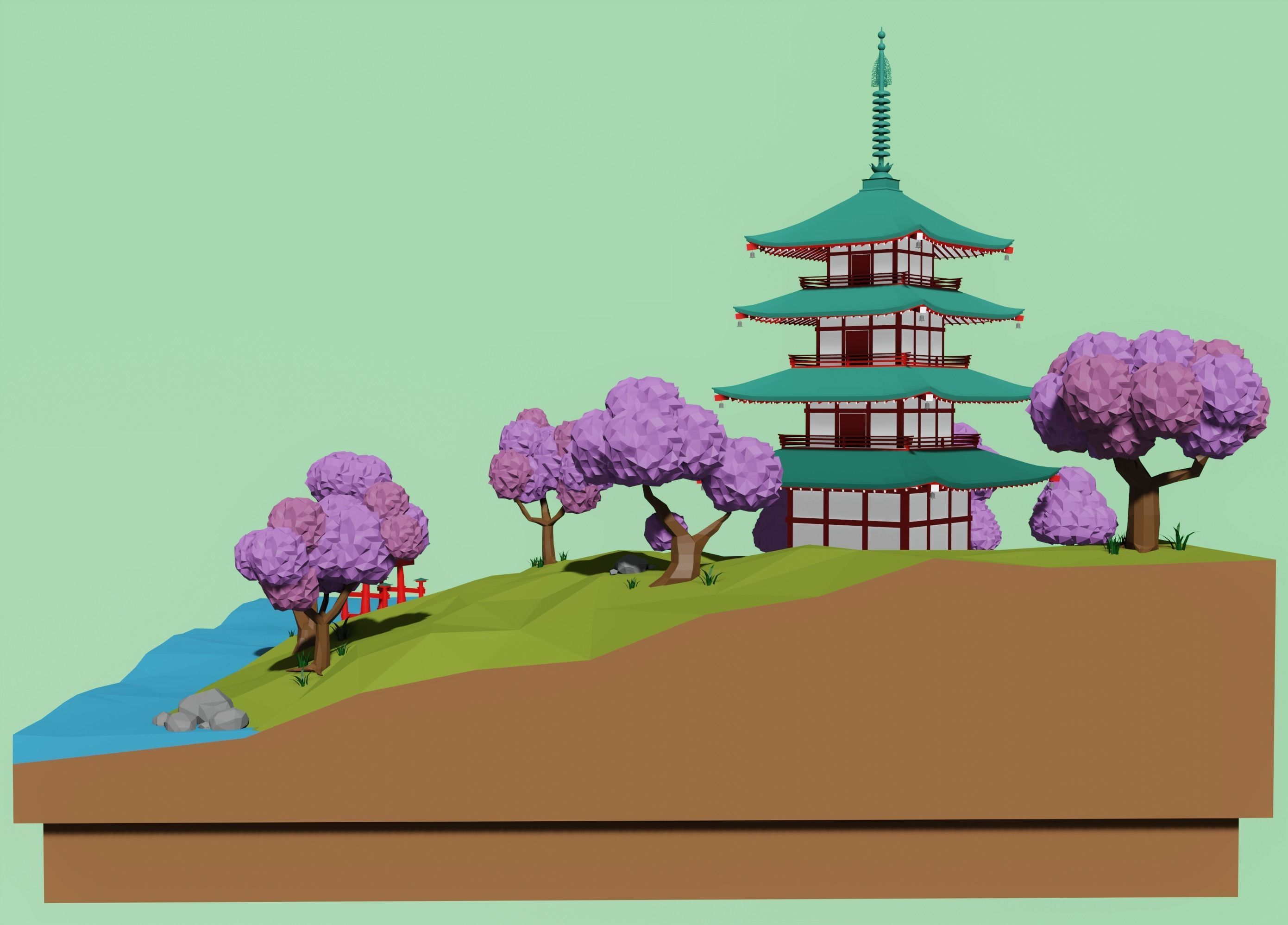 Japanese pagoda and a torii  Low-poly 3D model_11