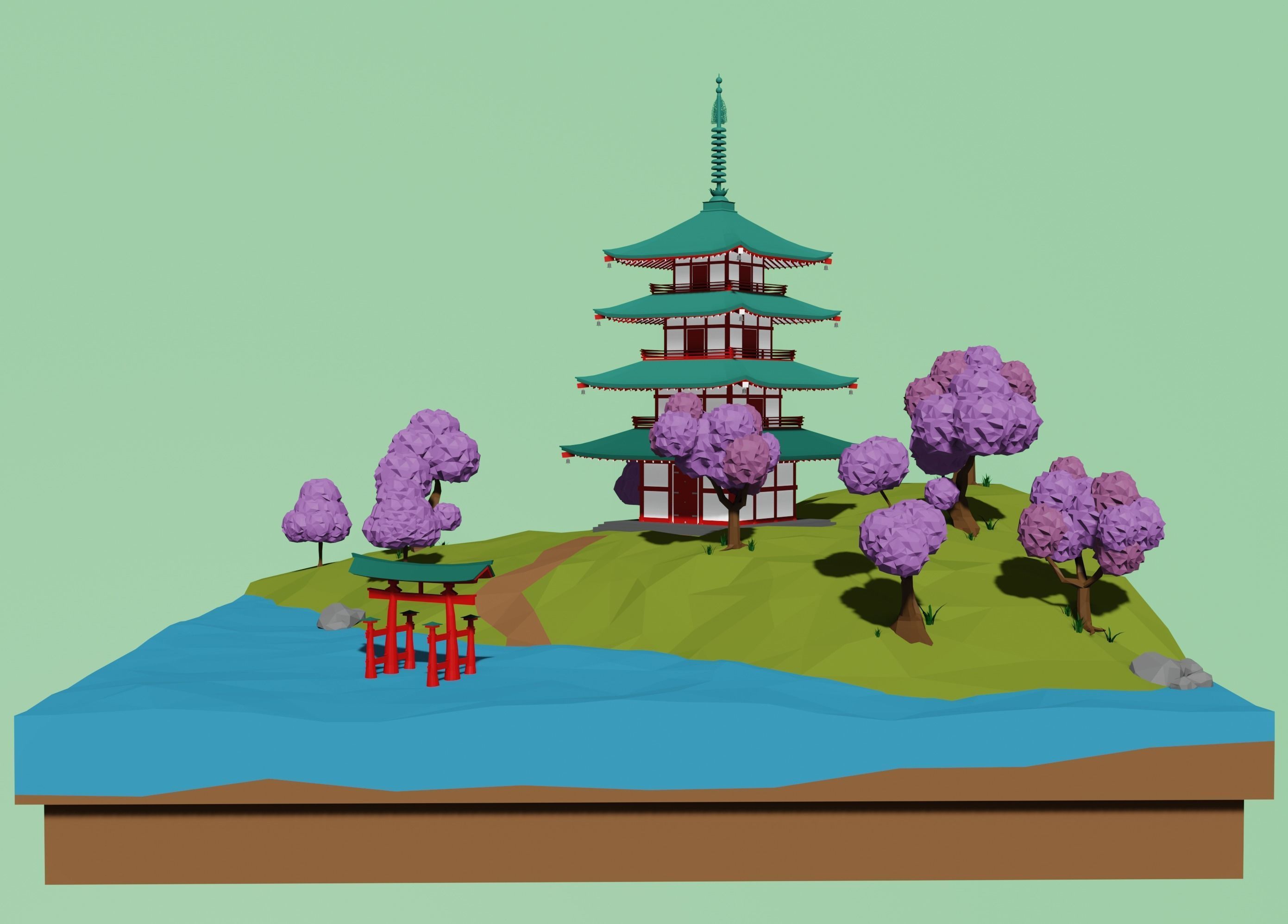 Japanese pagoda and a torii  Low-poly 3D model_12