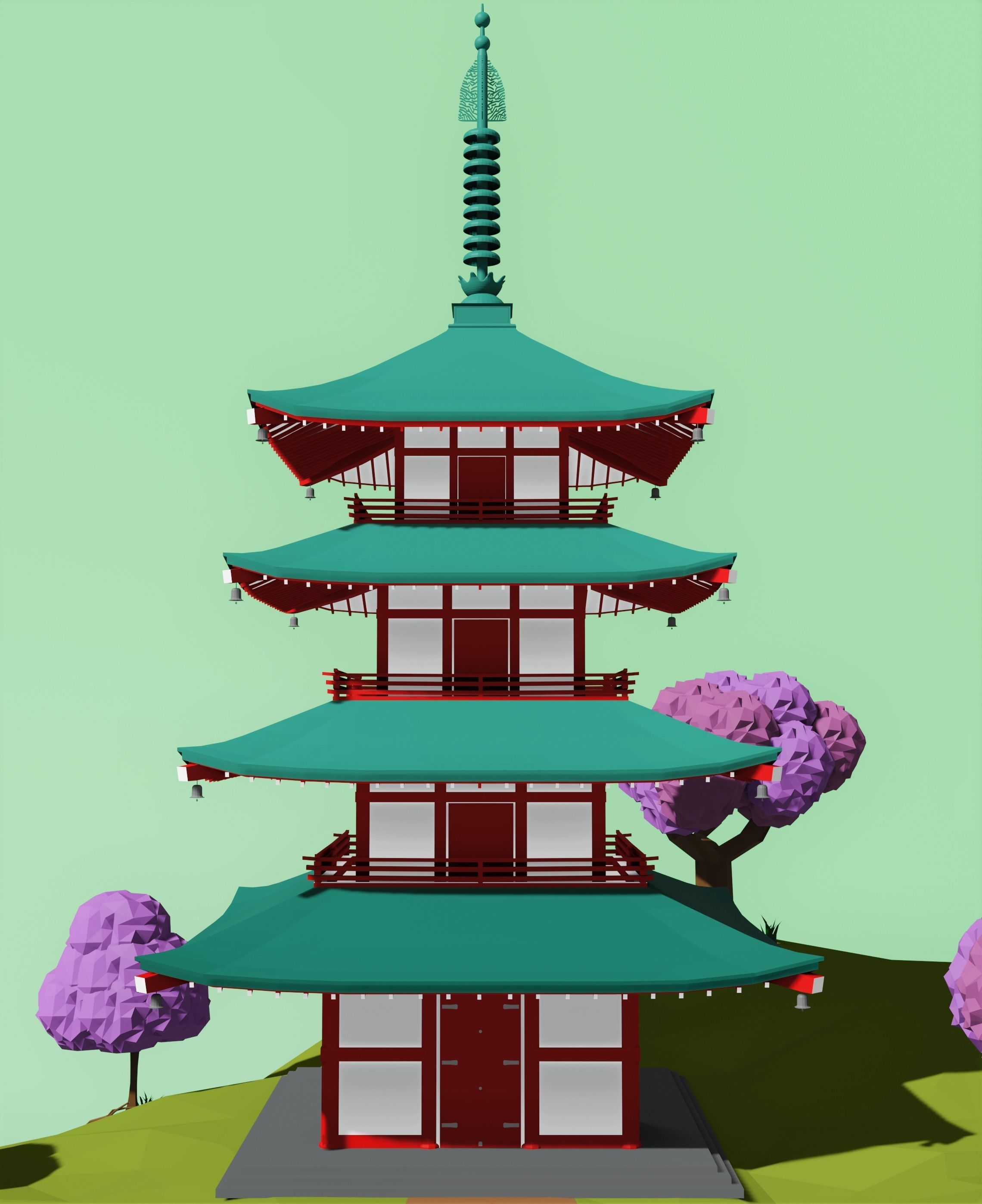 Japanese pagoda and a torii  Low-poly 3D model_5