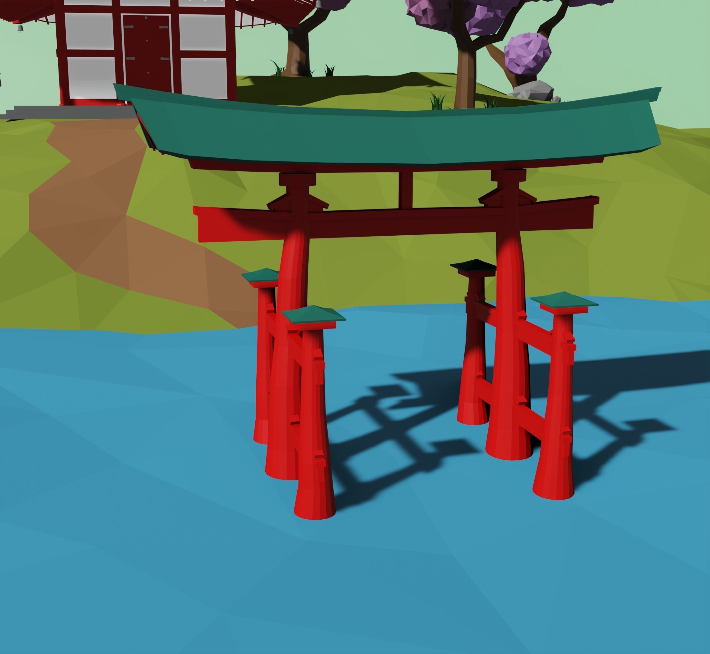 Japanese pagoda and a torii  Low-poly 3D model_1