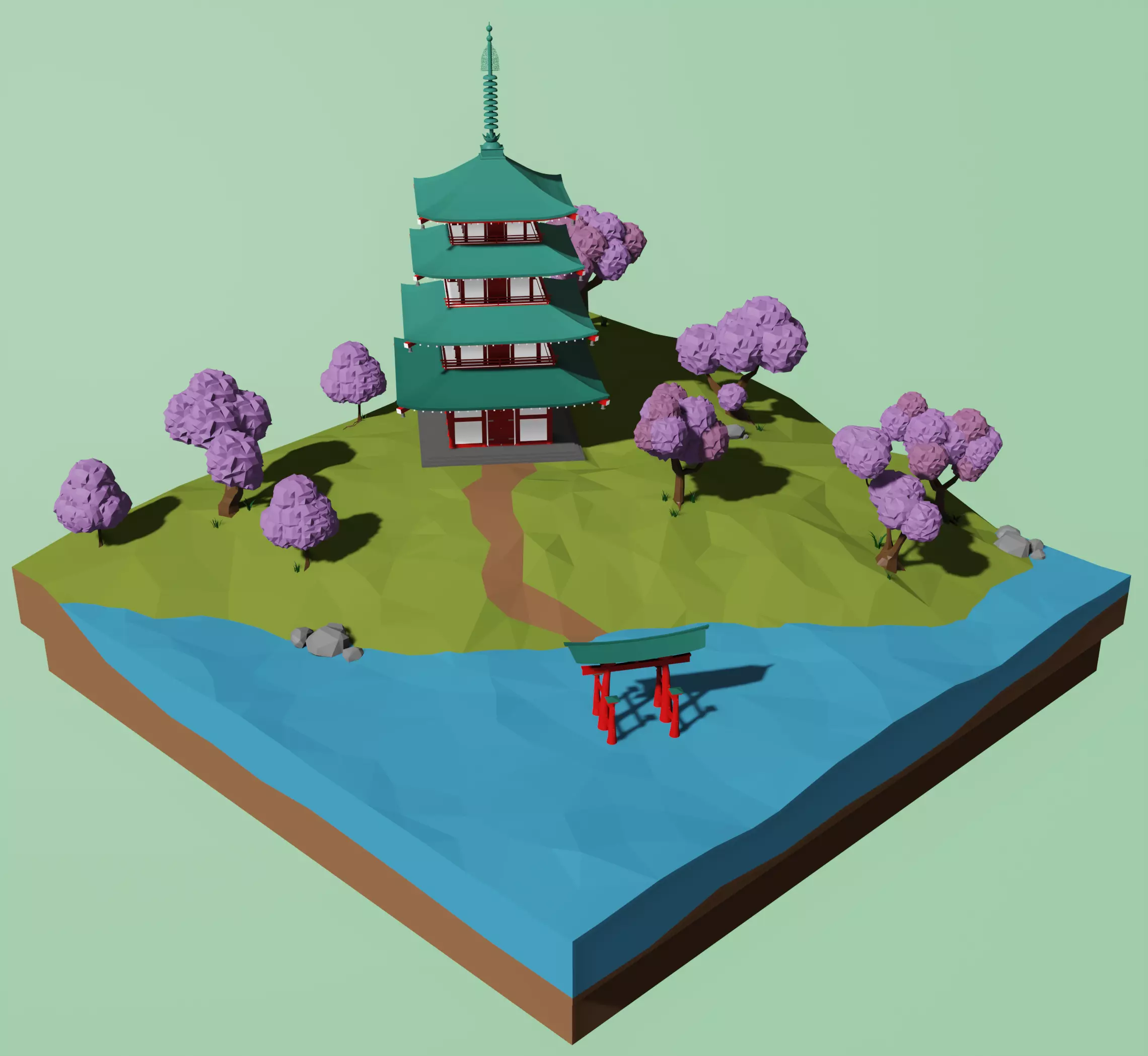 Japanese pagoda and a torii  Low-poly 3D model_0