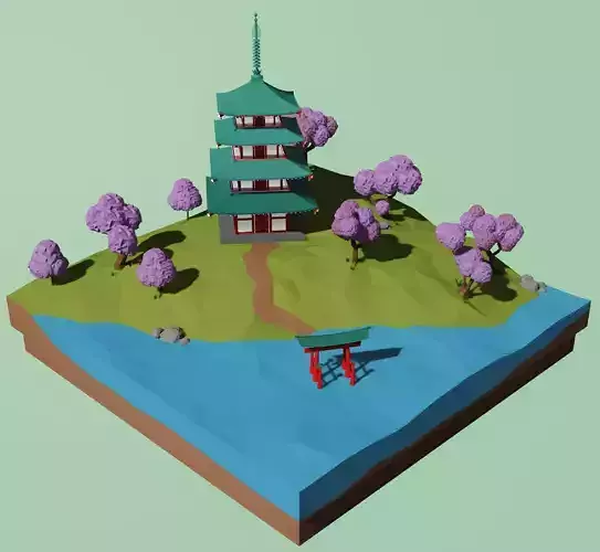Japanese pagoda and a torii  Low-poly 3D model