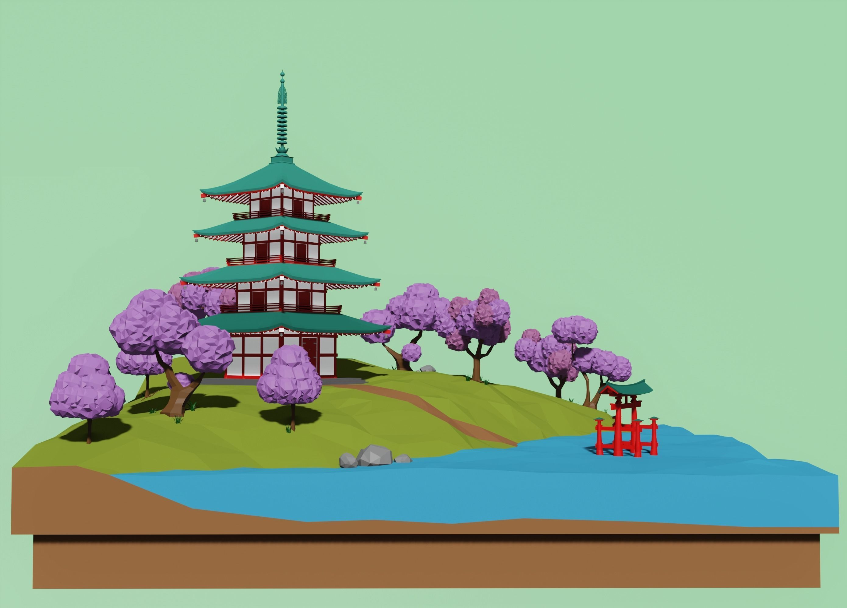 Japanese pagoda and a torii  Low-poly 3D model_9