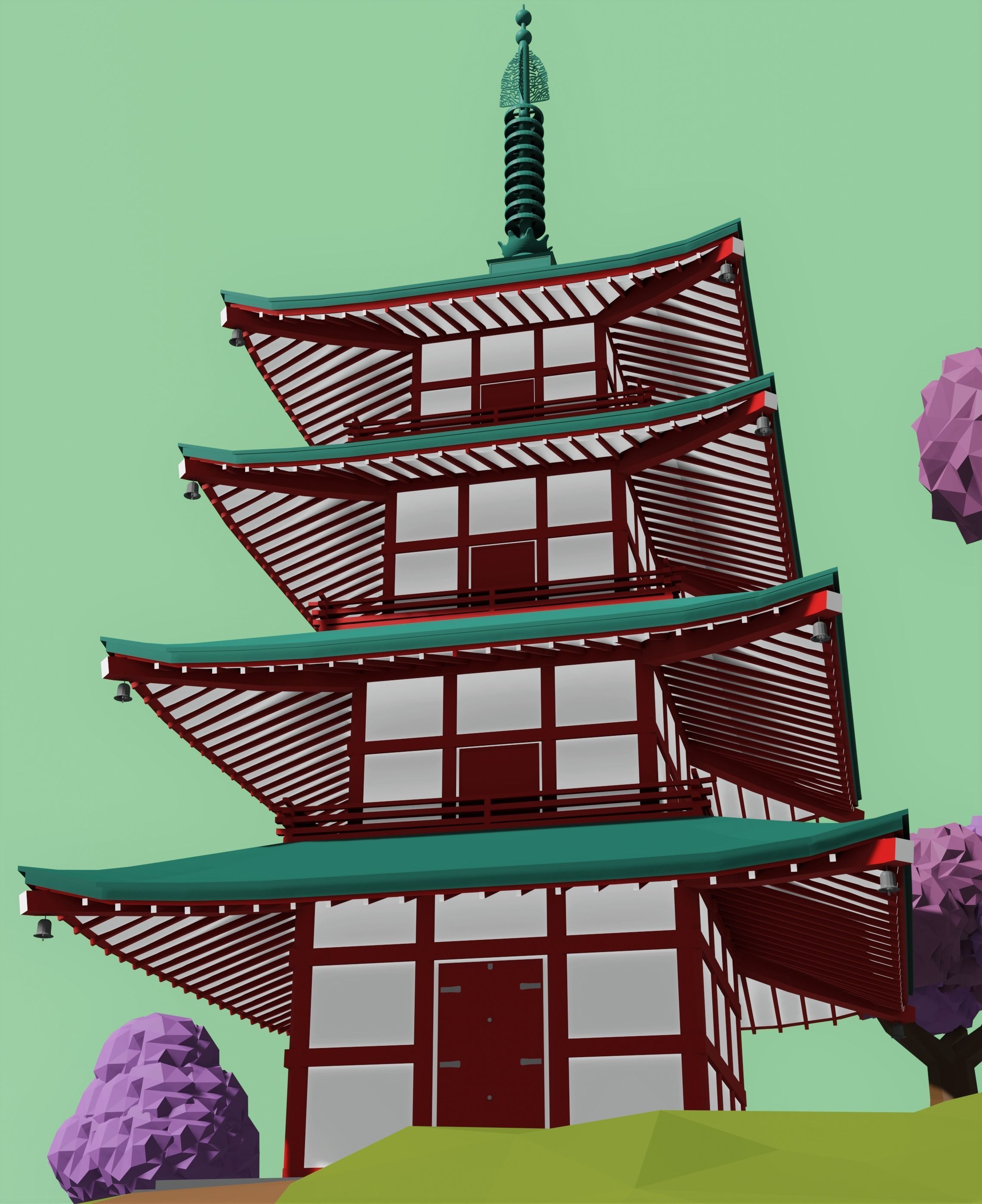 Japanese pagoda and a torii  Low-poly 3D model_3