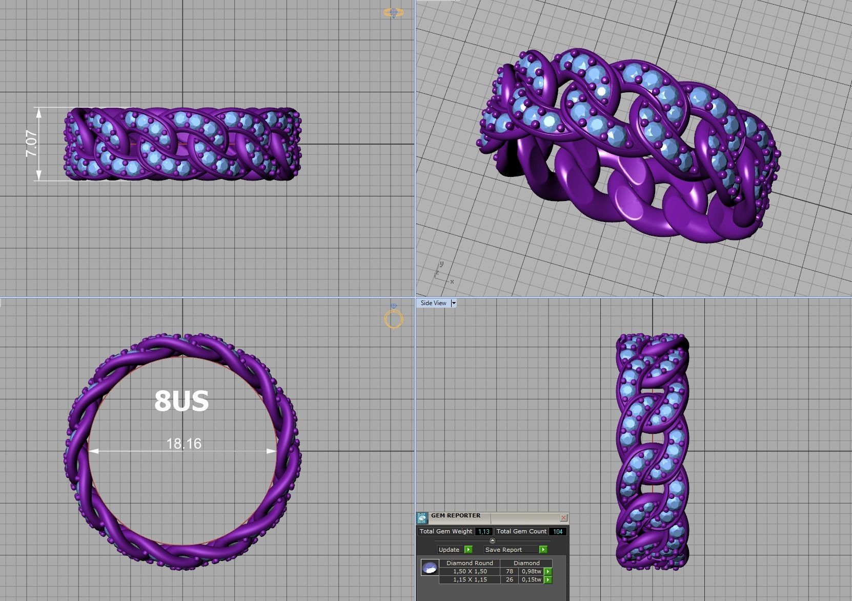 DIAMOND Cuban Link Chain Ring Stackable Ring 7mm wide 8US SIZE 3D print model_5