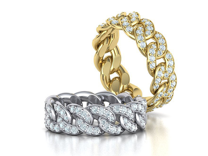 DIAMOND Cuban Link Chain Ring Stackable Ring 7mm wide 8US SIZE 3D print model_1