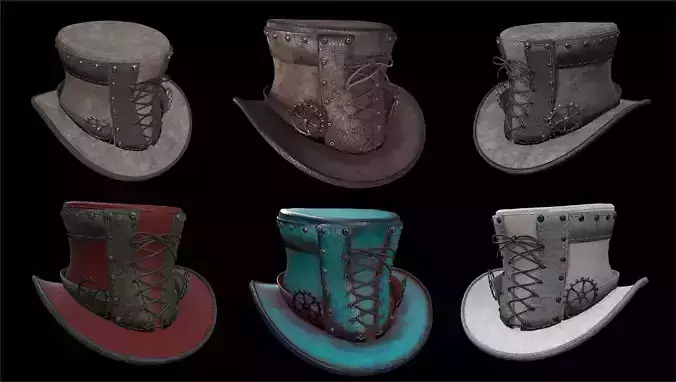 Steampunk hat low poly 6 texture options and high poly