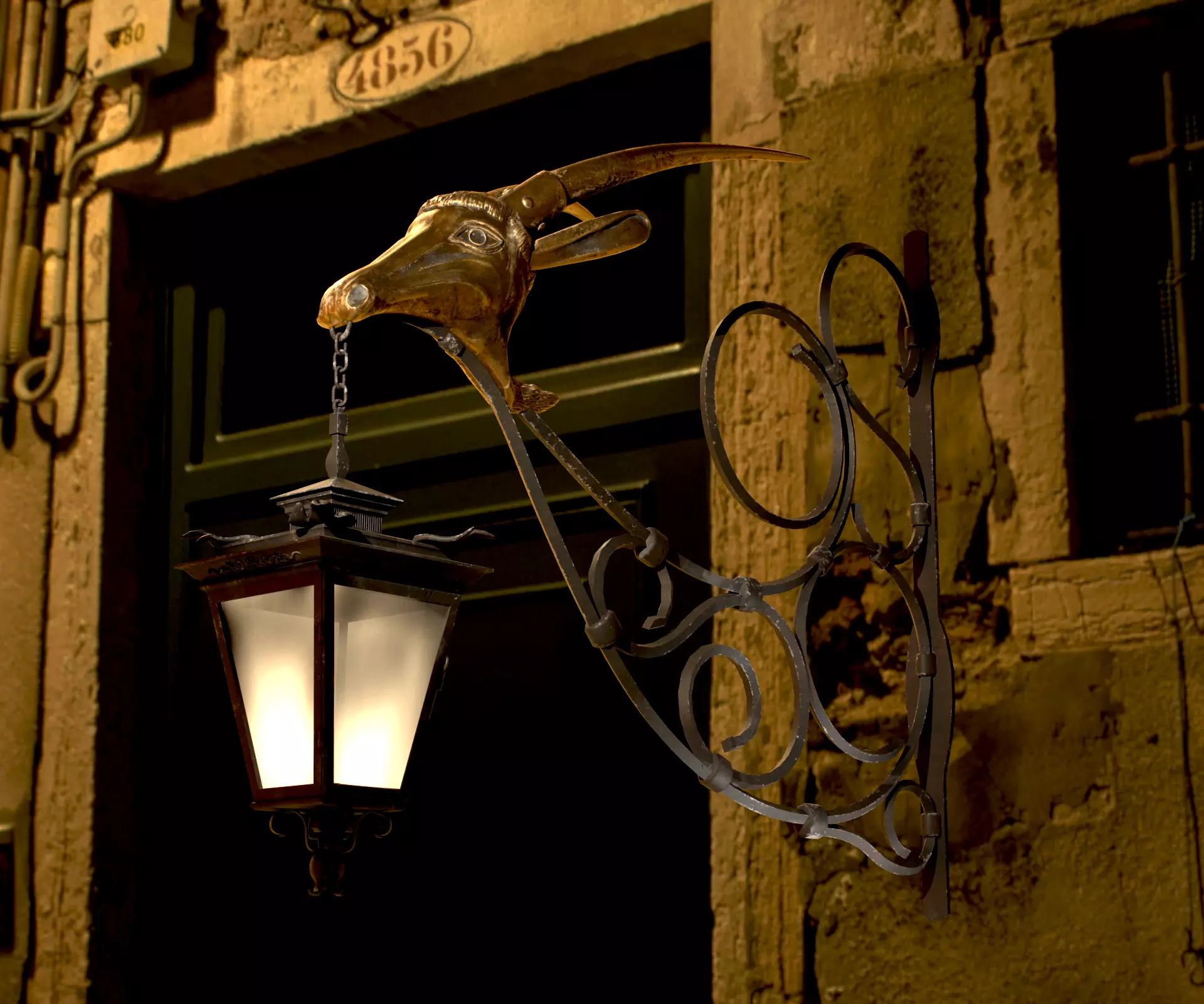 Old Street Lantern Goat Design Low-poly 3D model_0