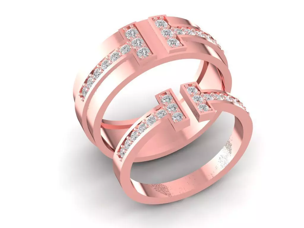 Modern Geometric Bar Channel Diamond Couple Rings 812 3D print model