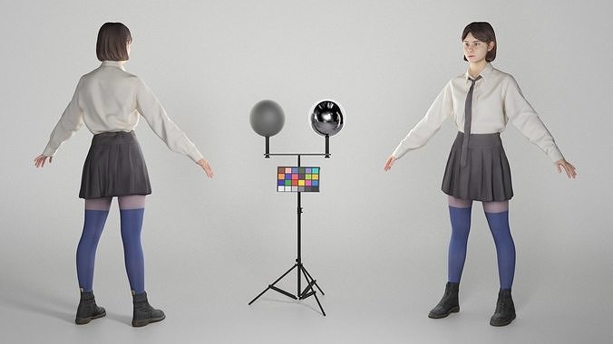 Beautiful woman in school uniform in A-pose 295 Low-poly 3D model