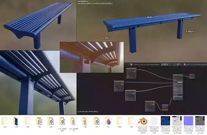 Bench 5 Low-Poly Blue Painted Metal 2