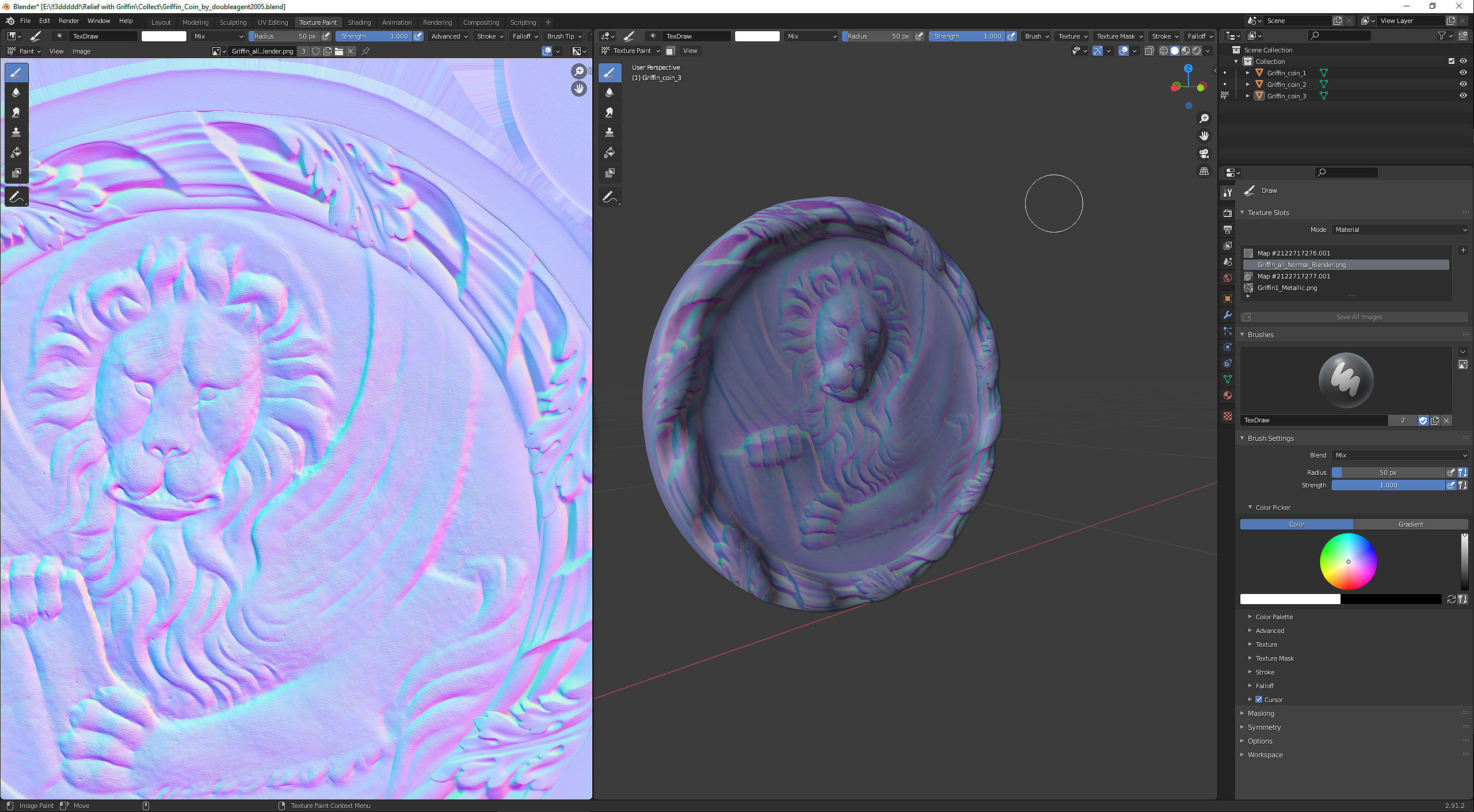 Griffin Coin Relief PBR and 3d Print Low-poly 3D model_26