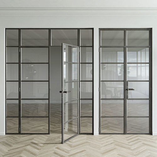 Set 5 steel frame glass doors 3D model