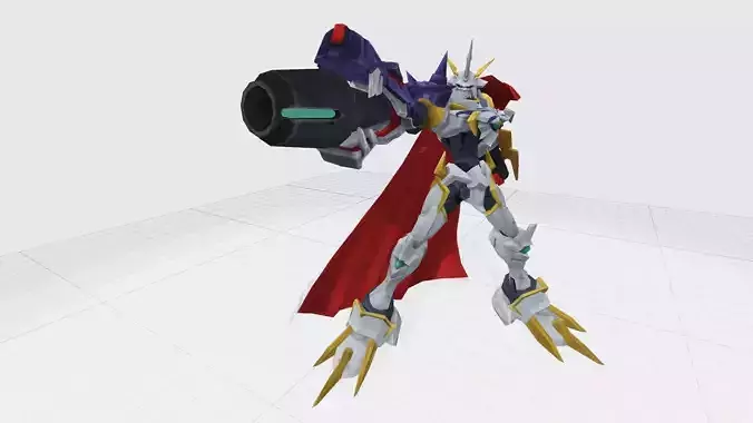 Omnimon X robot wearing cape and carrying gun