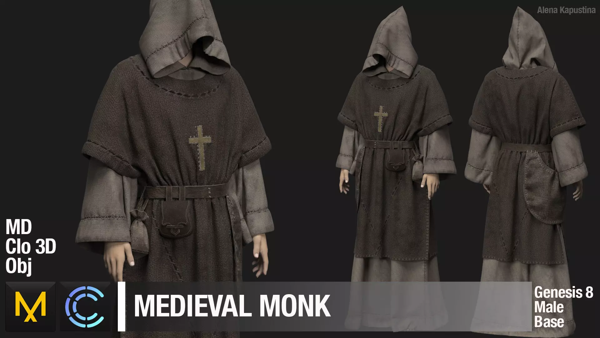 Medieval monk Marvelous Designer project 3D model_0
