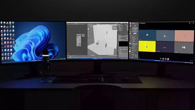 Desktop with 3 monitors Free 3D model