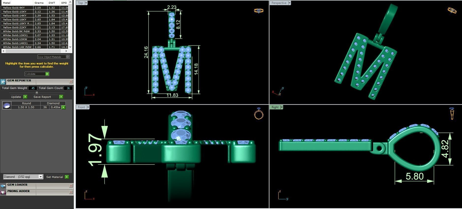 Alphabet M-letter single row pendant 3D print model_3