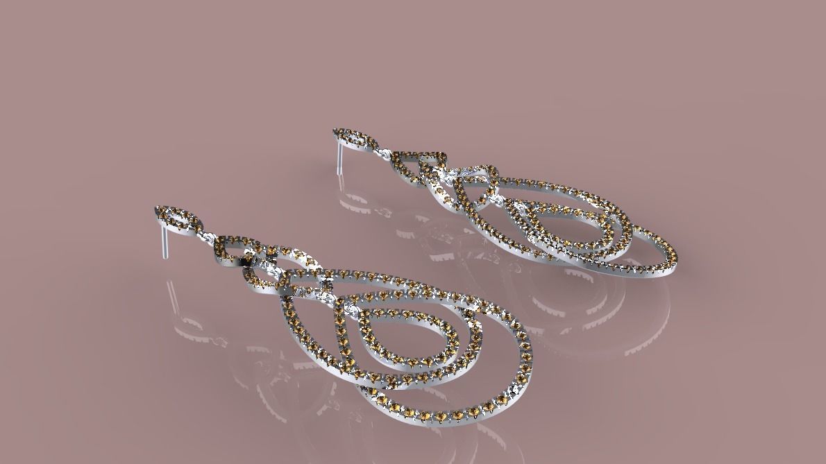 earring set gold and diamonds 3D print model_4