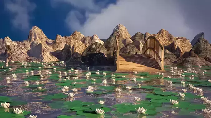 Mountain boat in middle of lake with water lilies