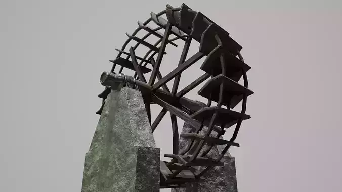 Watermill water wheel in grass Low-poly 3D model