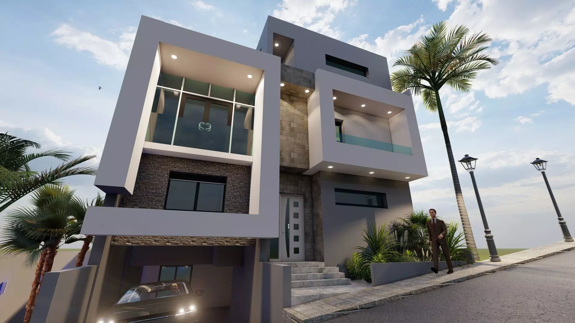 Modern house exterior design 3D model_0