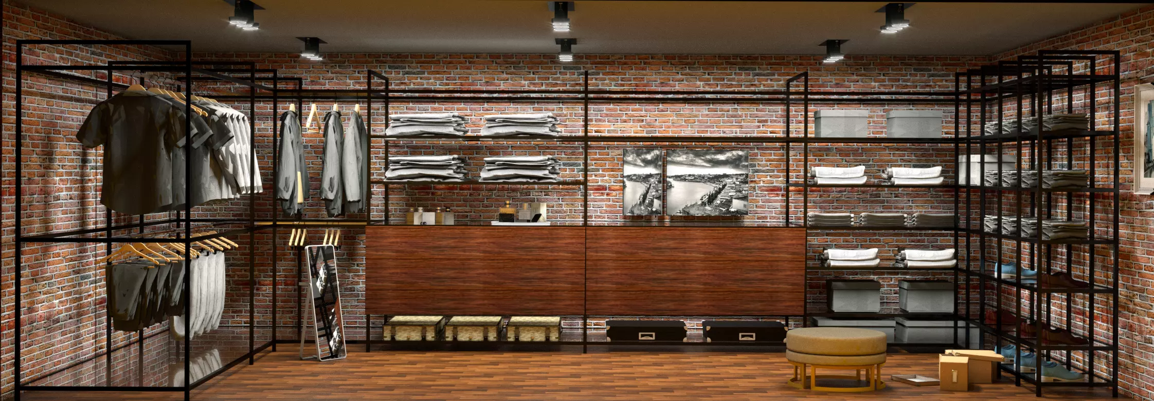 Wardrobe industrial style closet with brick walls Free 3D model_0