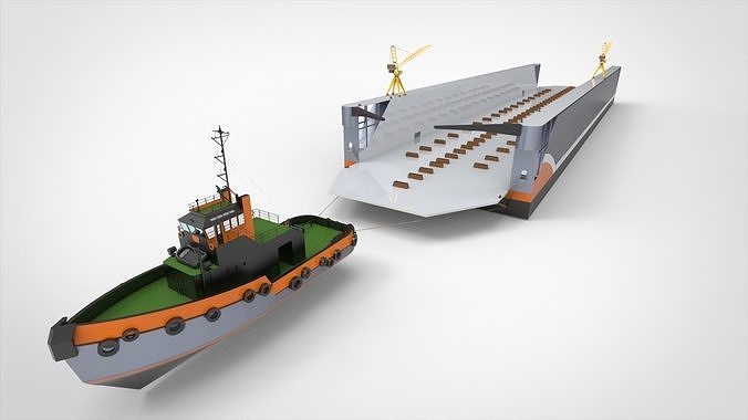 Floating dock with tugboat 3D model