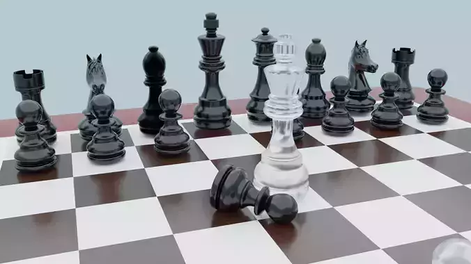 A chessboard complete with glass black and white pawns