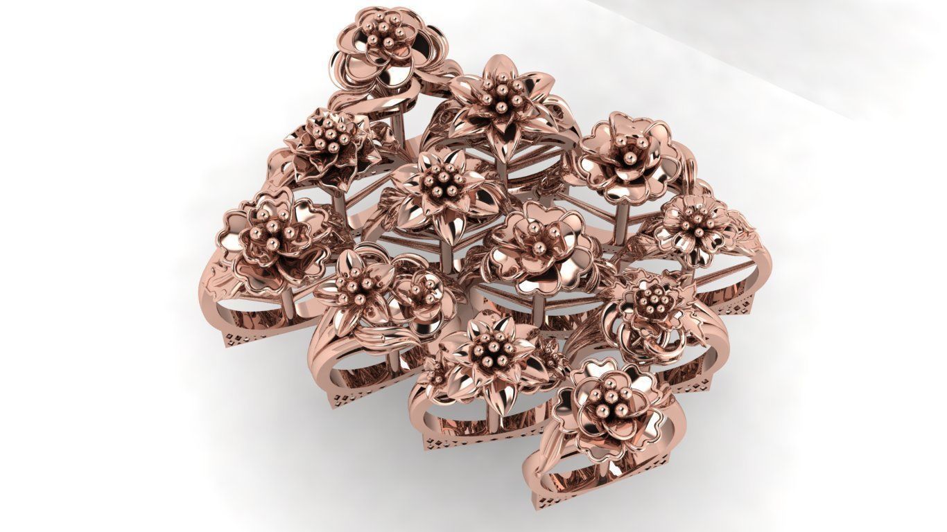 rings gold ring with flowers 3D print model_2
