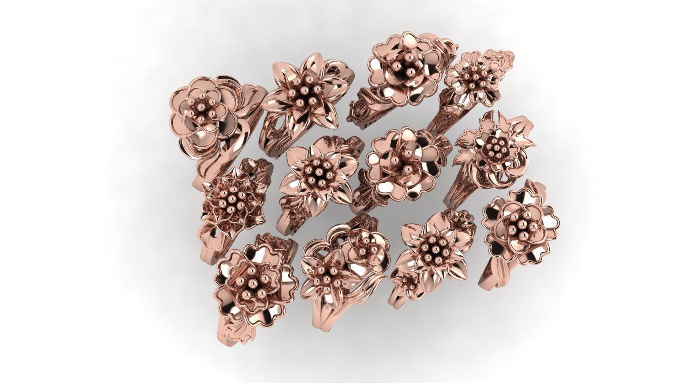 rings gold ring with flowers 3D print model_3