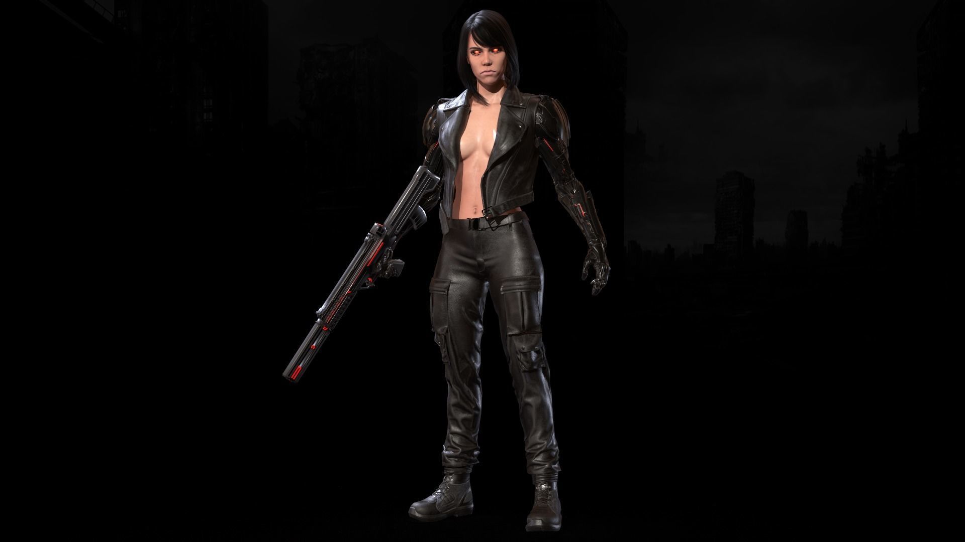 CyborgKiller woman holding gun Low-poly 3D model_3