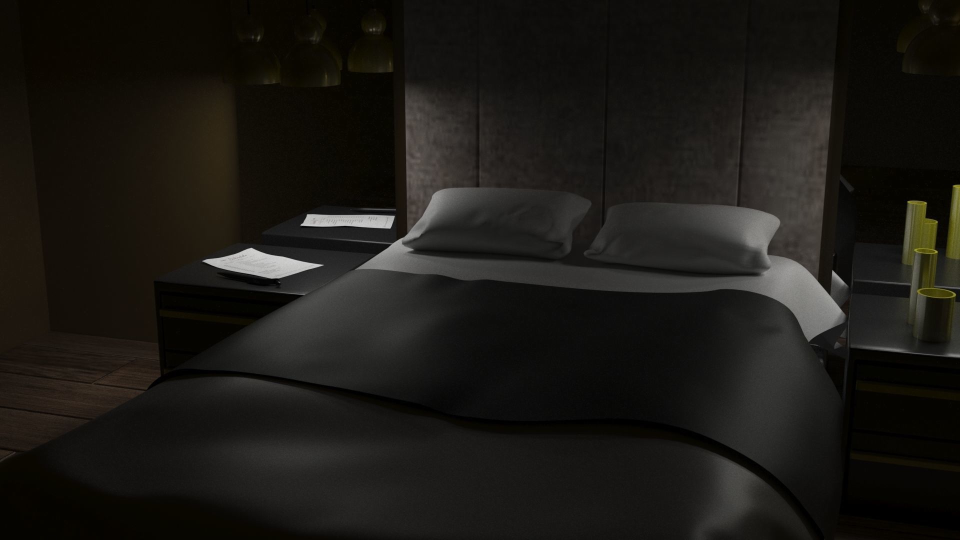 Bedroom with wooden floor and bed 3D model_2