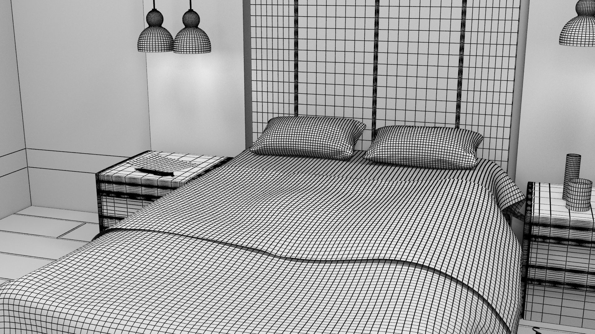 Bedroom with wooden floor and bed 3D model_6