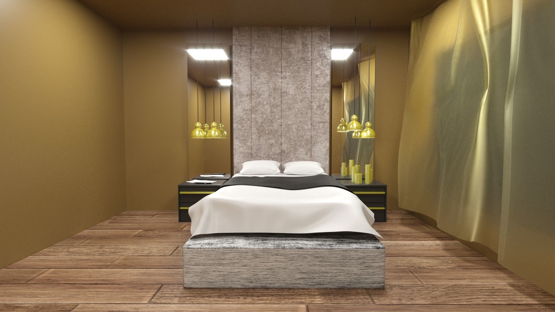 Bedroom with wooden floor and bed 3D model_1
