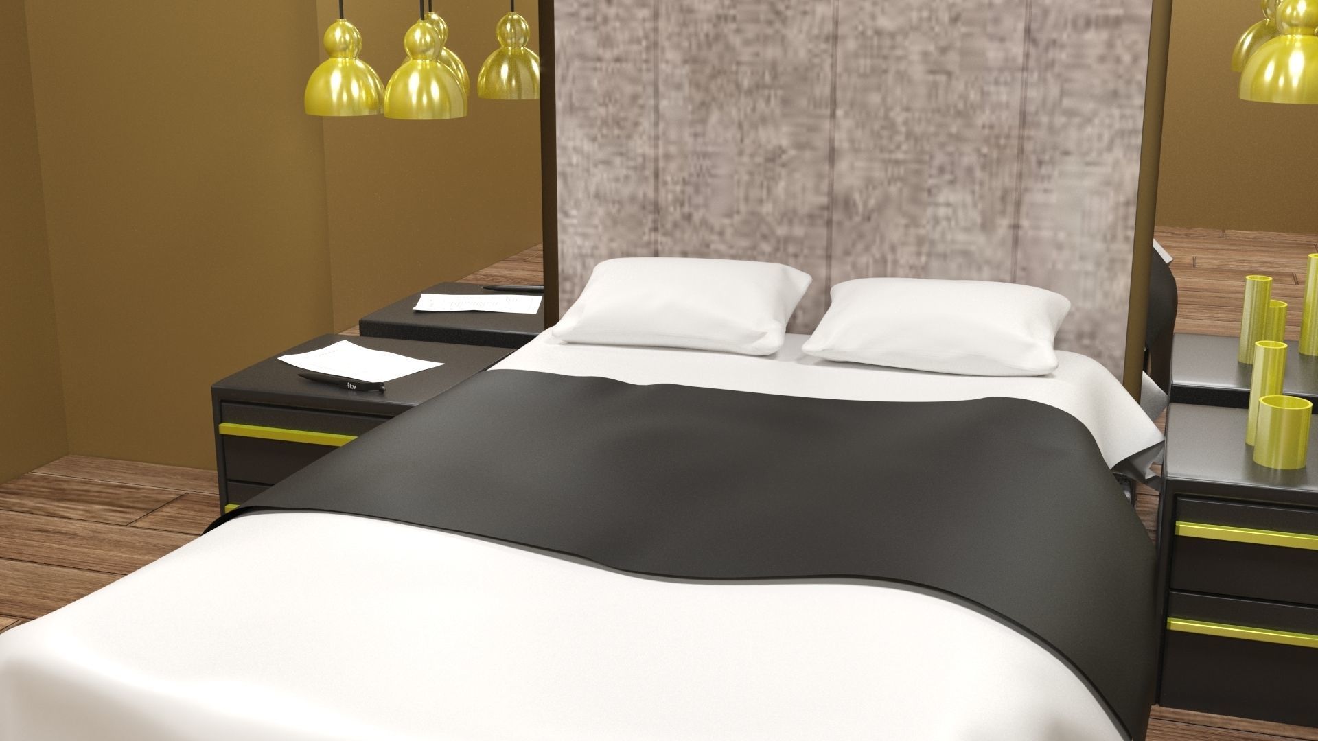 Bedroom with wooden floor and bed 3D model_3