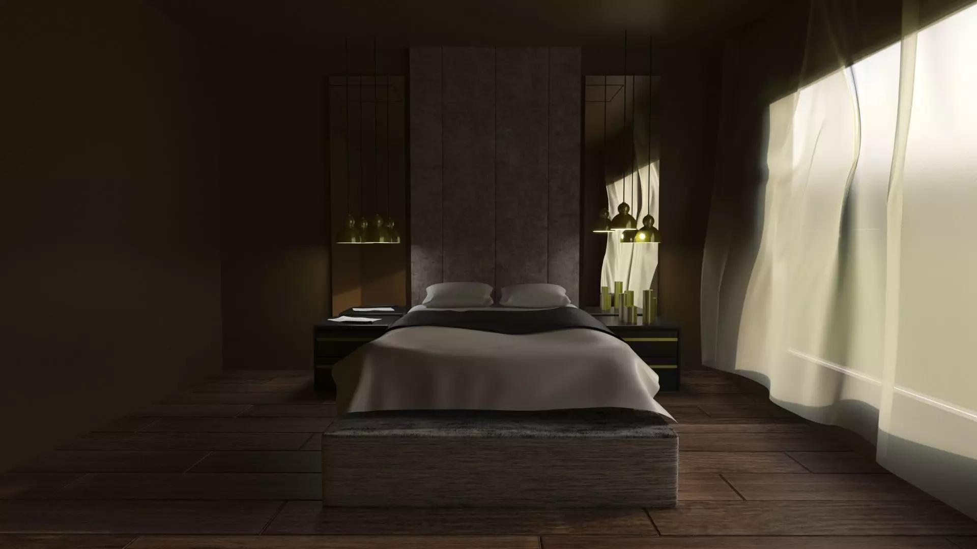 Bedroom with wooden floor and bed 3D model_0