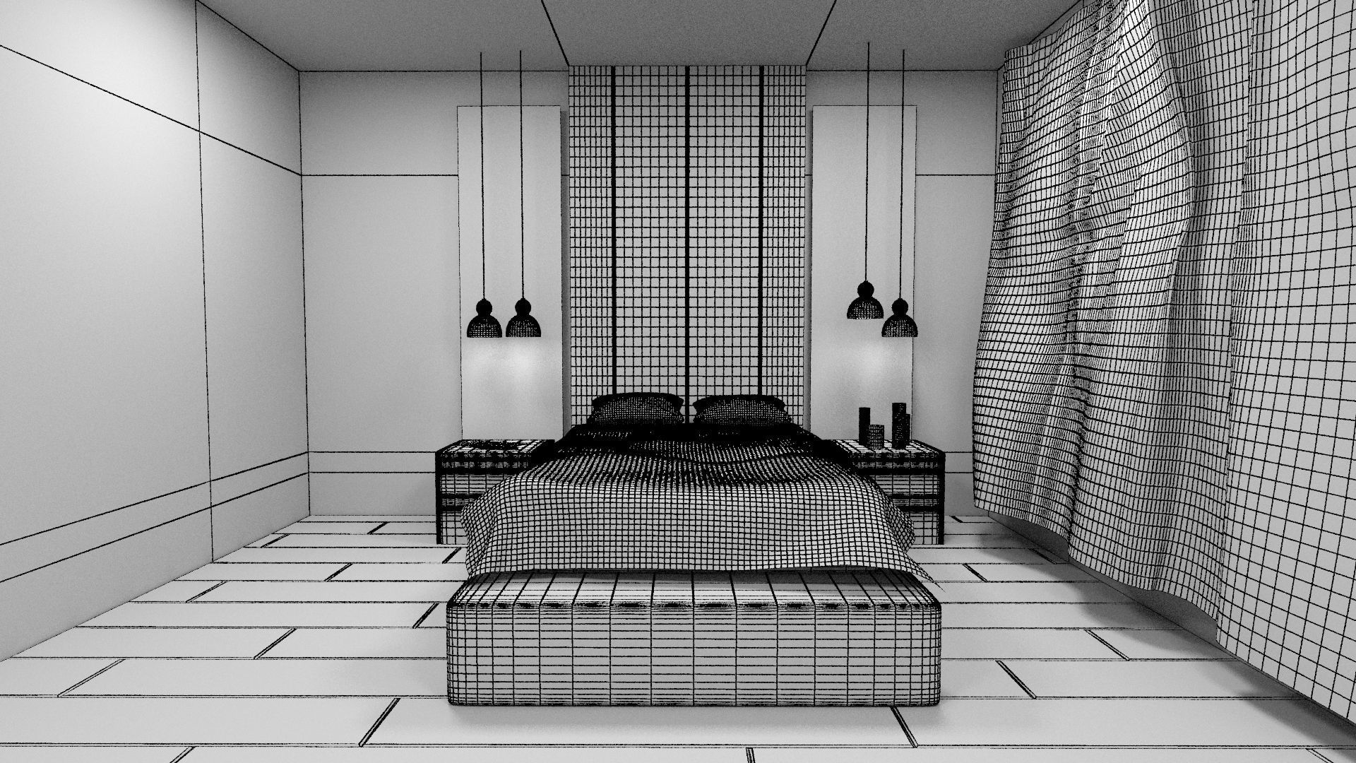 Bedroom with wooden floor and bed 3D model_5