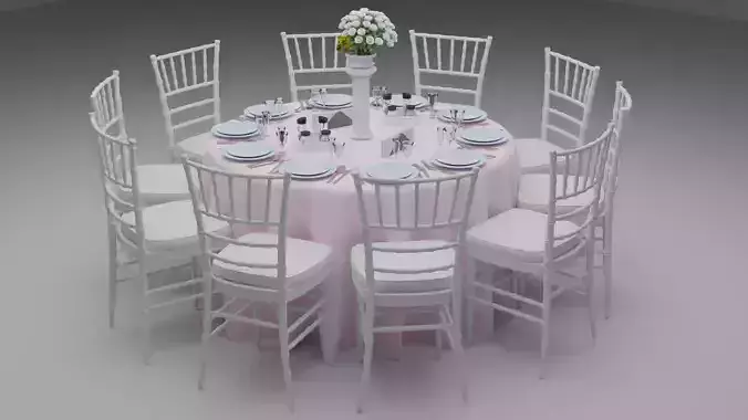 Wedding round table with chairs and tablecloth 3D model