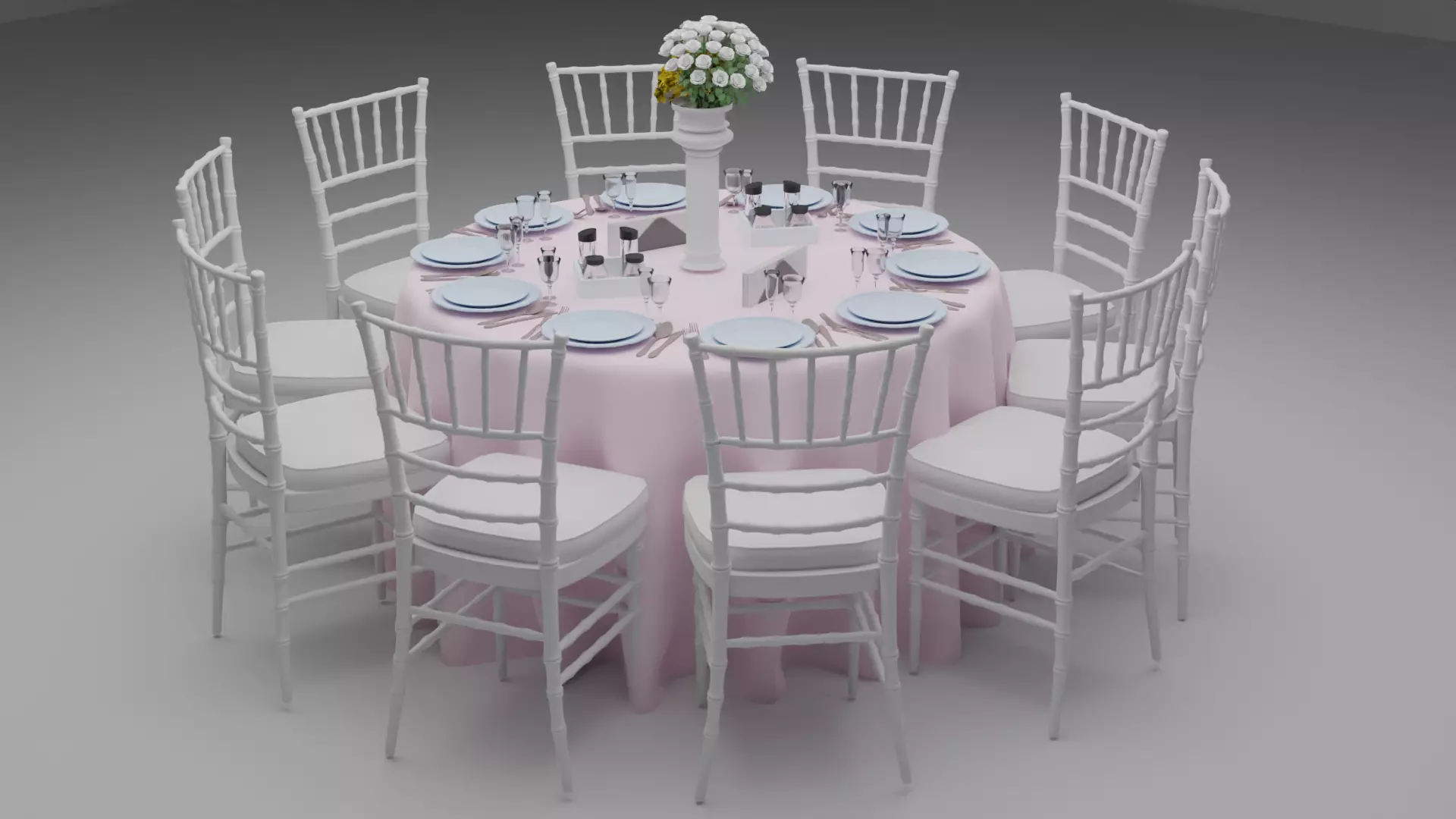 Wedding round table with chairs and tablecloth 3D model_0