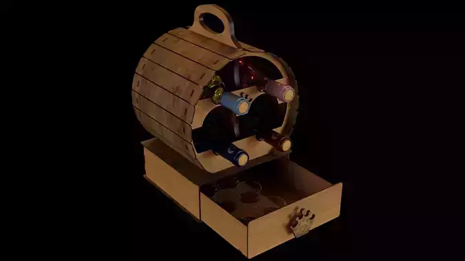 Barrel Wine Rack with Bottles and Glasses 3D model