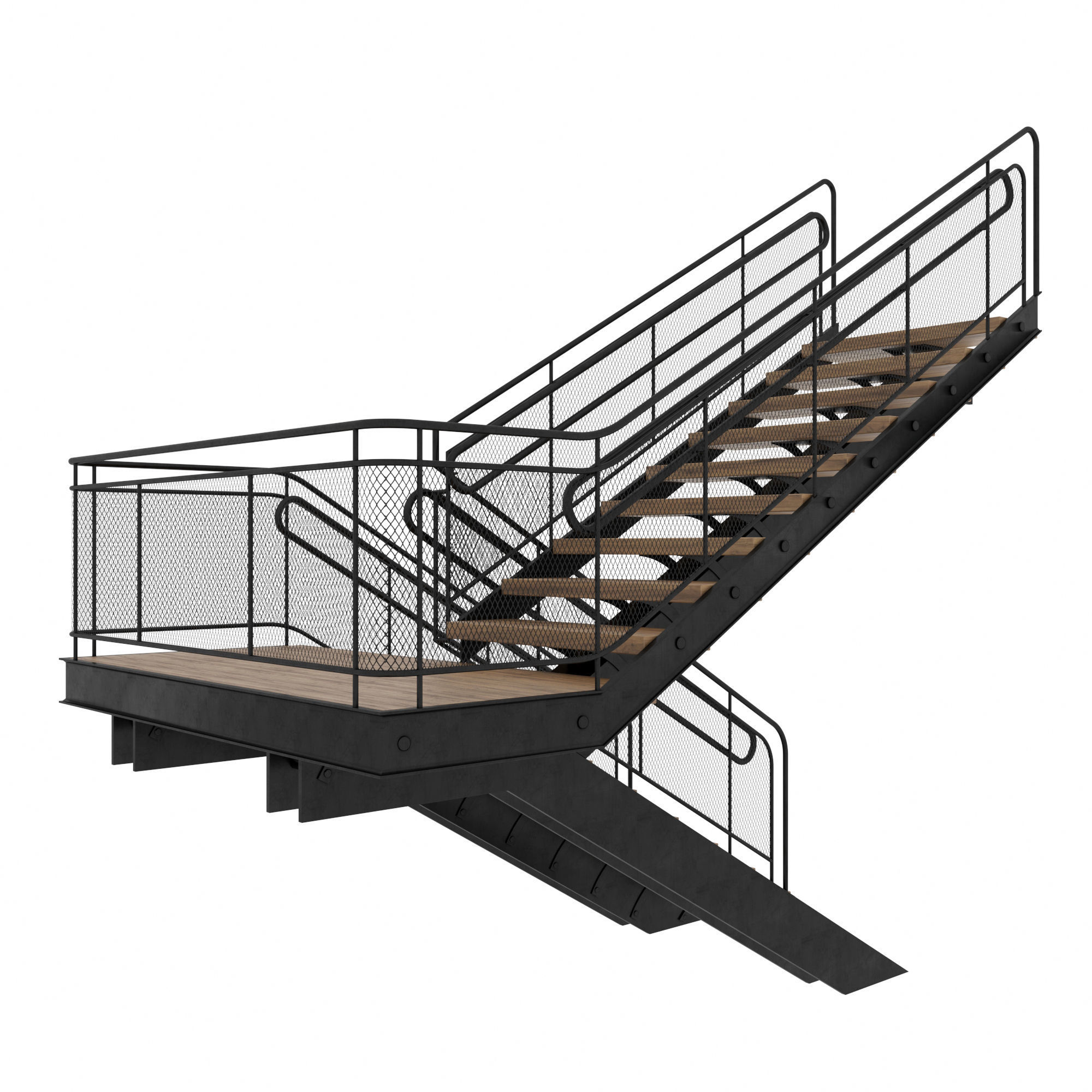 Stairs staircase with metal railings and wood treads 3D model_1
