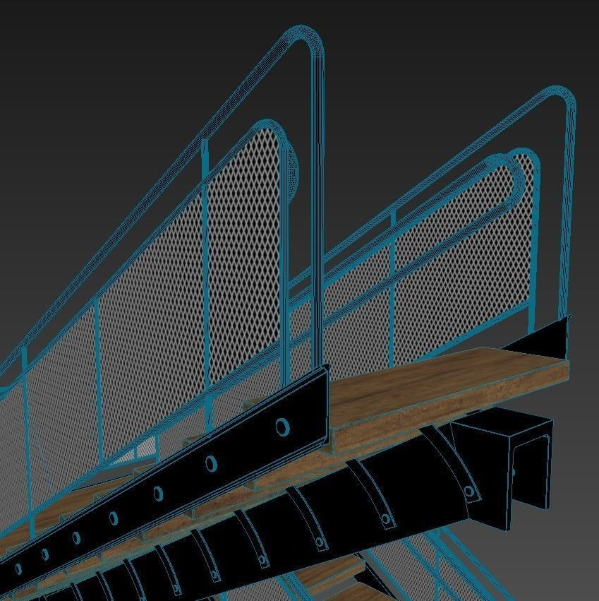 Stairs staircase with metal railings and wood treads 3D model_6
