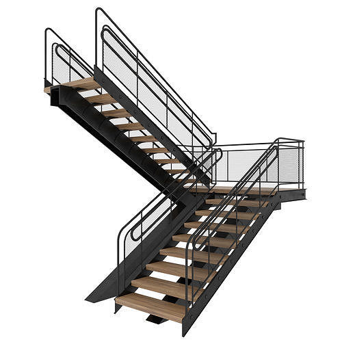 Stairs staircase with metal railings and wood treads 3D model