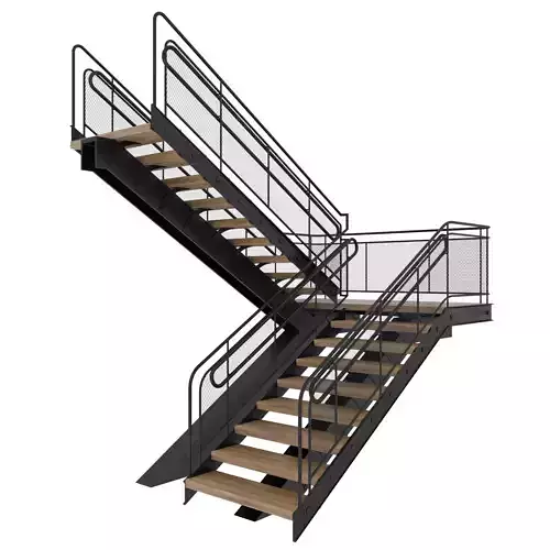 Stairs staircase with metal railings and wood treads 3D model