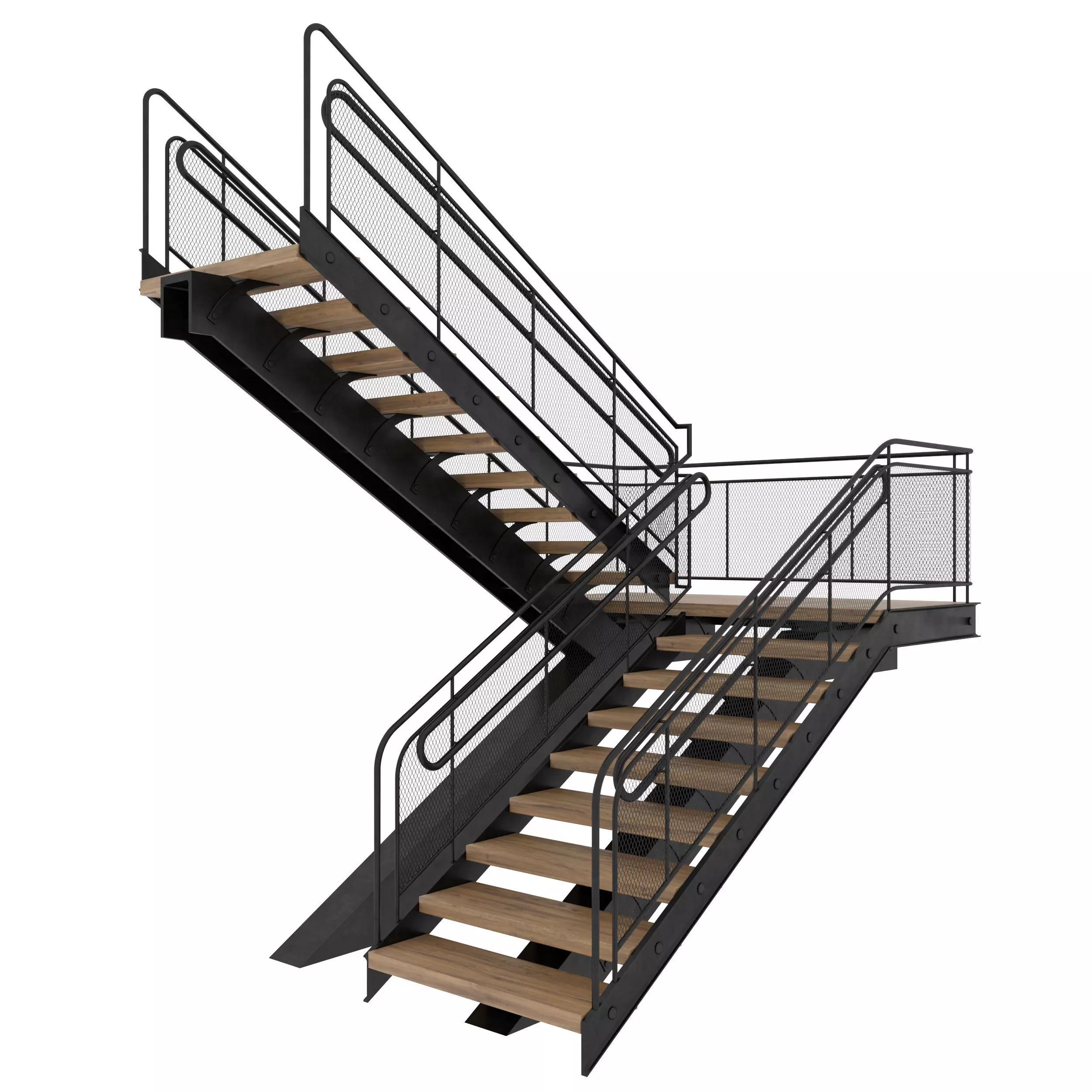Stairs staircase with metal railings and wood treads 3D model_0