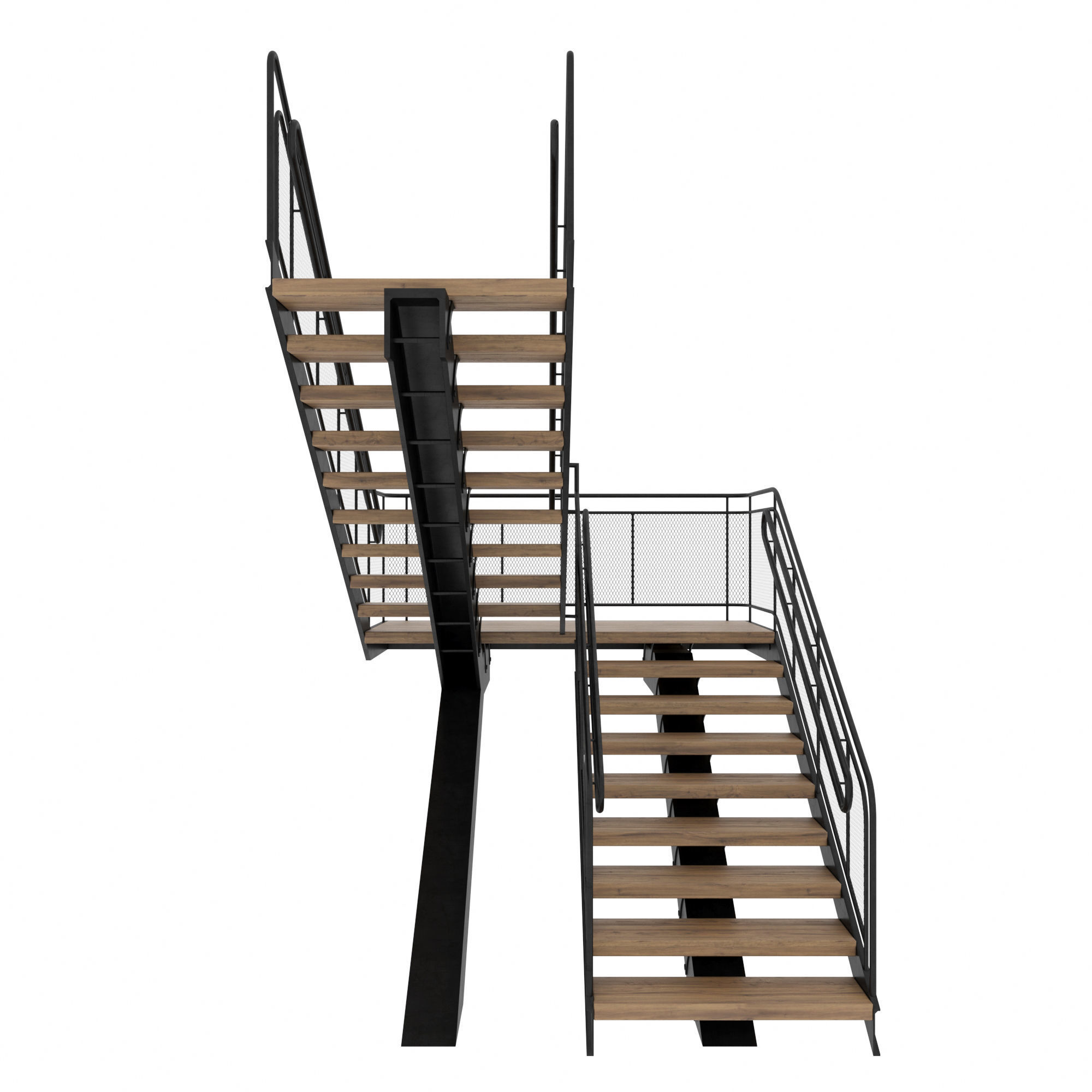 Stairs staircase with metal railings and wood treads 3D model_2