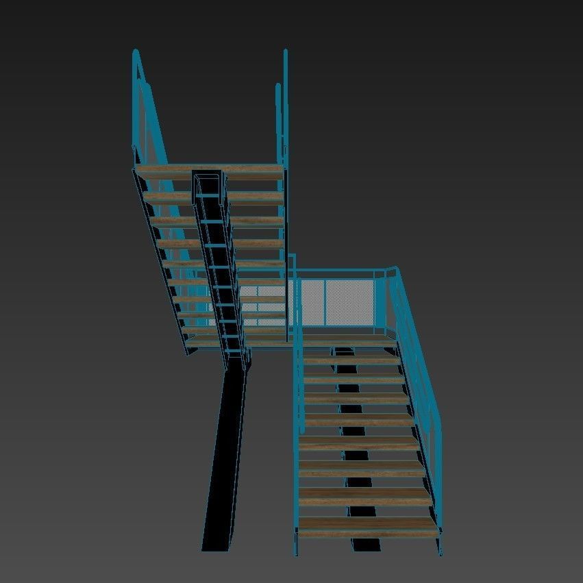 Stairs staircase with metal railings and wood treads 3D model_7