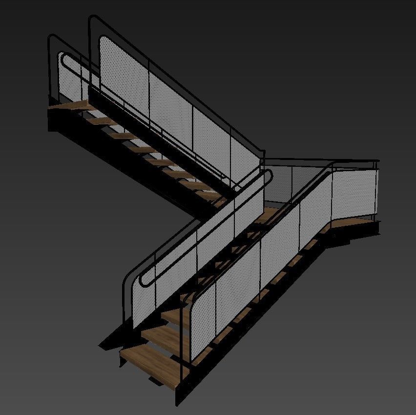 Stairs staircase with metal railings and wood treads 3D model_5