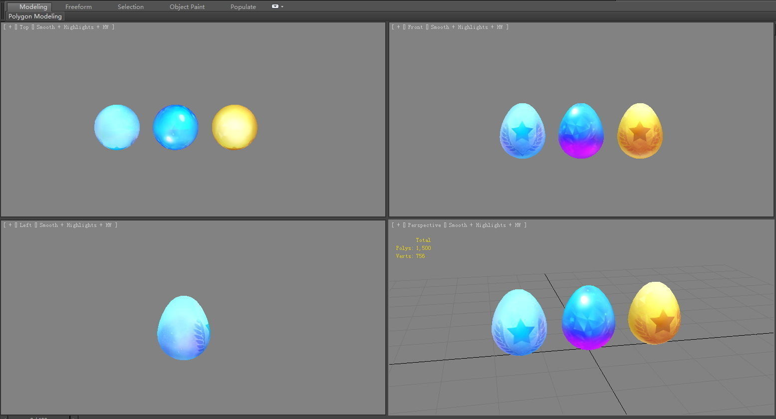 Cartoon Eggs with star pattern - golden egg - blue egg Low-poly 3D model_2